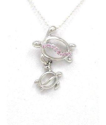 STERLING SILVER 925 RHODIUM MOTHER BABY HAWAIIAN HONU TURTLE PENDANT PINK CZ