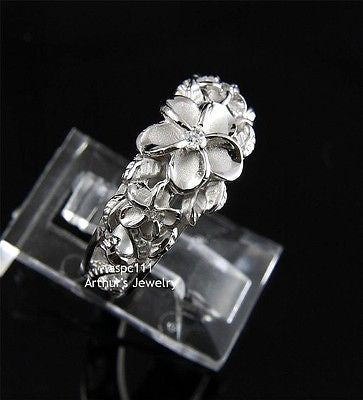 SILVER 925 HAWAIIAN 3 PLUMERIA FLOWER RING MAILE CUT OUT SCROLL RHODIUM SZ 3-10