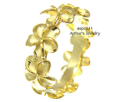 YELLOW GOLD PLATED SILVER 925 HAWAIIAN PLUMERIA FLOWER LEI BAND RING
