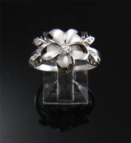 SILVER 925 HAWAIIAN 12MM PLUMERIA FLOWER 4 MAILE LEAF RING RHODIUM SIZE 3-10