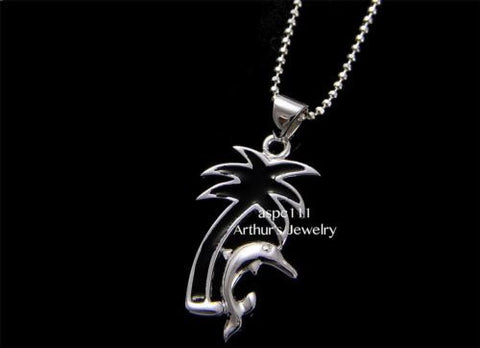 STERLING SILVER 925 HAWAIIAN BLACK ENAMEL PALM TREE SHINY DOLPHIN PENDANT