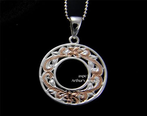 SILVER 925 HAWAIIAN CUT OUT PLUMERIA FLOWER SCROLL CIRCLE PENDANT 2 TONE PINK