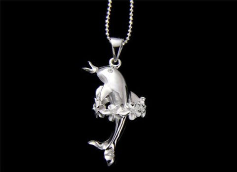 STERLING SILVER 925 HAWAIIAN DOLPHIN PLUMERIA FLOWER LEI PENDANT CZ