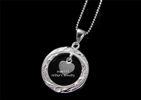 STERLING SILVER 925 HAWAIIAN SCROLL DESIGN CIRCLE DANGLE SHINY HEART PENDANT