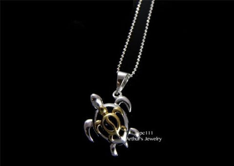 SILVER 925 HAWAIIAN SWIMMING HONU TURTLE YELLOW GOLD PLATED HONU TURTLE PENDANT