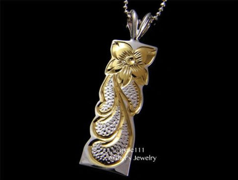 SILVER 925 HAWAIIAN PLUMERIA QUEEN SCROLL VERTICAL PENDANT 10MM YELLOW 2 TONE