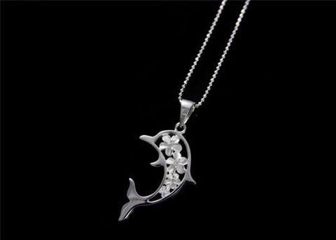 STERLING SILVER 925 HAWAIIAN 4 PLUMERIA FLOWER OUTLINE DOLPHIN PENDANT CZ