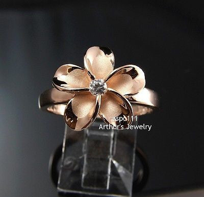 PINK ROSE GOLD PLATED STERLING SILVER 925 HAWAIIAN PLUMERIA FLOWER RING 15MM CZ