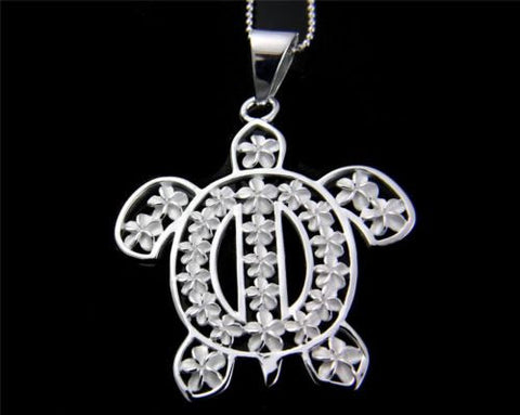 STERLING SILVER 925 HAWAIIAN PLUMERIA FLOWER HONU TURTLE PENDANT LARGE 35MM