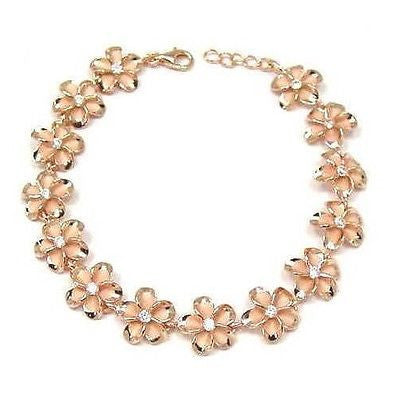 STERLING SILVER 925 HAWAIIAN PLUMERIA PINK ROSE GOLD PLATED BRACELET CZ 12MM 7.5