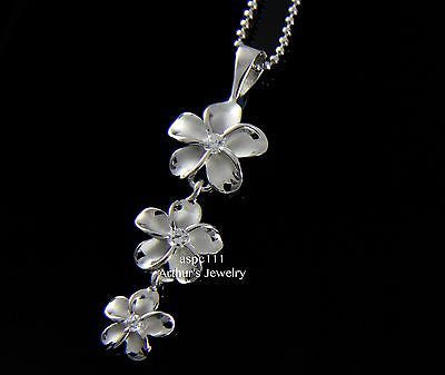 STERLING SILVER 925 HAWAIIAN 3 FANCY PLUMERIA 12MM-10MM-8MM PENDANT RHODIUM