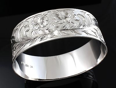SILVER 925 HAWAIIAN BANGLE BRACELET PLUMERIA HIBISCUS MAILE SCROLL