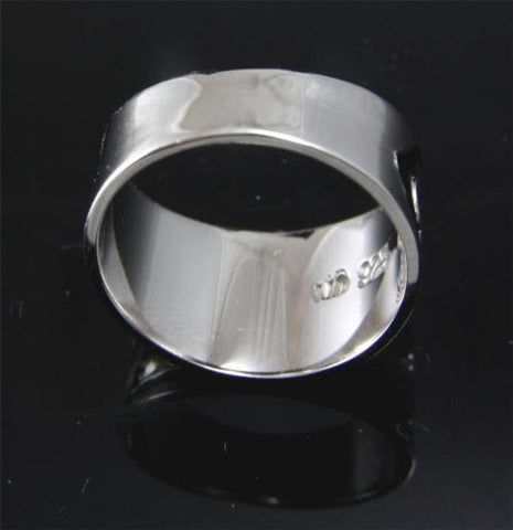 SILVER 925 HAWAIIAN RING PLUMERIA SCROLL 12MM TAPER BAND BLACK BORDER RHODIUM