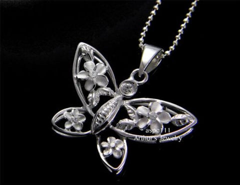 STERLING SILVER 925 HAWAIIAN 4 PLUMERIA FLOWER BUTTERFLY PENDANT CZ