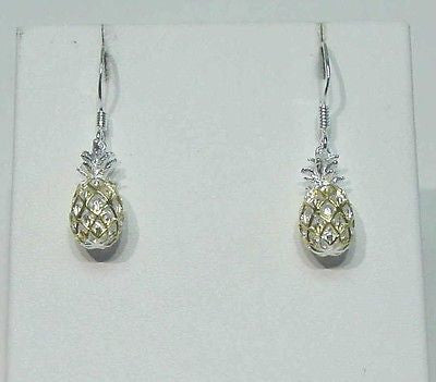 YELLOW GOLD STERLING SILVER 925 HAWAIIAN PINEAPPLE DANGLING HOOK EARRINGS