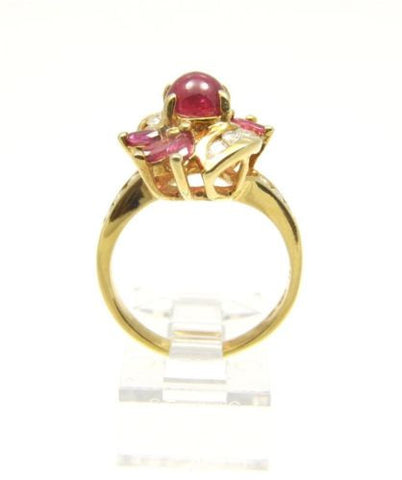 1.72CTW GENIUNE ROUND CABOCHON RUBY & DIAMOND RING SET IN SOLID 18K YELLOW GOLD