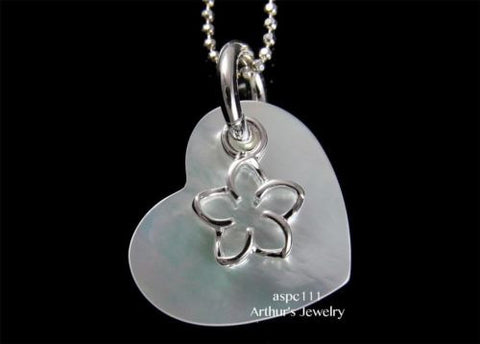 MOTHER OF PEARL SHELL HEART SILVER 925 HAWAIIAN MOVABLE OPEN PLUMERIA PENDANT