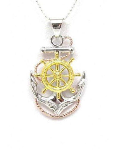 STERLING SILVER 925 TRICOLOR HAWAIIAN SCROLL ANCHOR OF HOPE SHIP WHEEL PENDANT