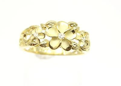 YELLOW GOLD PLATED SILVER 925 HAWAIIAN 3 PLUMERIA RING MAILE LEAF CUT OUT SCROLL