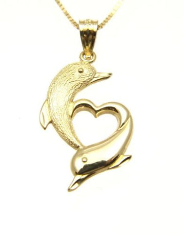 14K SOLID YELLOW GOLD HAWAIIAN DOLPHIN HEART DOLPHIN PENDANT CHARM 13MM