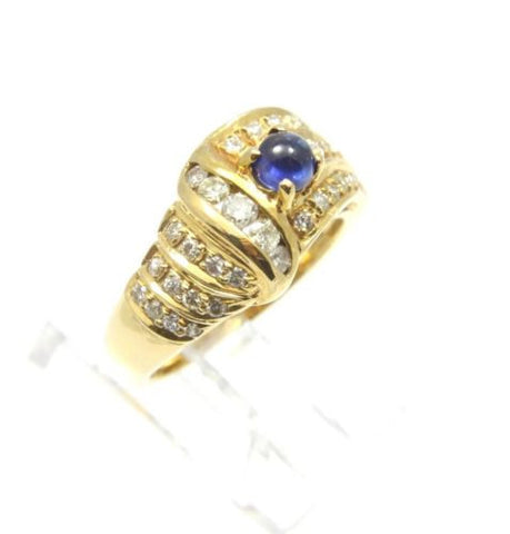 0.43CT GENIUNE CABOCHON SAPPHIRE & DIAMOND RING IN HEAVY SOLID 18K YELLOW GOLD