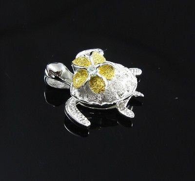 SILVER 925 HAWAIIAN 3D TURTLE CARRY YELLOW MOVABLE PLUMERIA FLOWER PENDANT