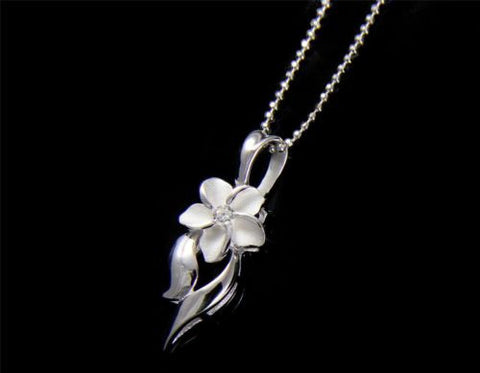 STERLING SILVER 925 HAWAIIAN 9MM PLUMERIA FLOWER SHINY DESIGN PENDANT CZ