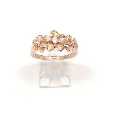 PINK ROSE GOLD PLATED STERLING SILVER 925 HAWAIIAN 3 PLUMERIA FLOWER RING CZ
