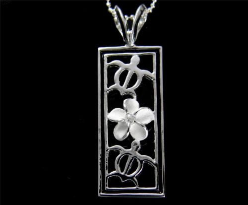 SILVER 925 HAWAIIAN PLUMERIA FLOWER HONU TURTLE BLACK ENAMEL VERTICAL PENDANT CZ