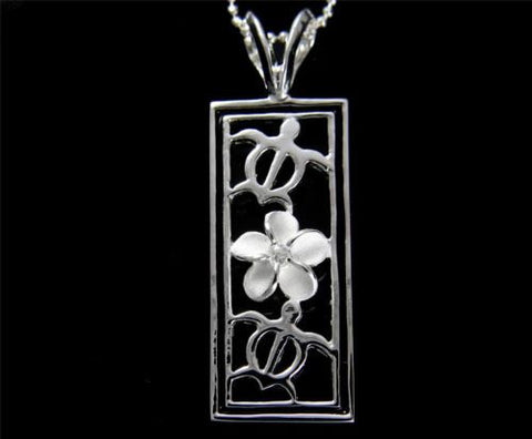 SILVER 925 HAWAIIAN PLUMERIA FLOWER HONU TURTLE BLACK ENAMEL VERTICAL PENDANT CZ
