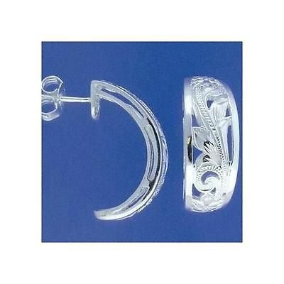 SILVER 925 HAWAIIAN CUT OUT PLUMERIA FLOWER PRINCESS SCROLL OVAL EARRINGS 7.75MM