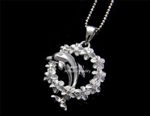 SILVER 925 HAWAIIAN SHINY DOLPHIN JUMPING THROUGH PLUMERIA FLOWER LEI PENDANT CZ