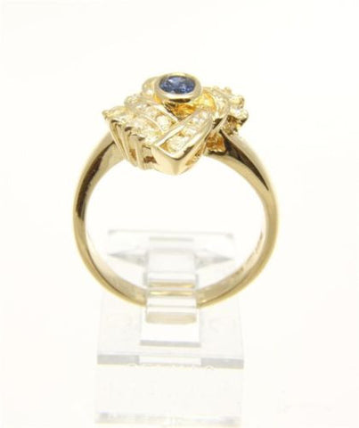 GENIUNE BLUE SAPPHIRE & DIAMOND RING SET IN HEAVY SOLID 18K YELLOW GOLD