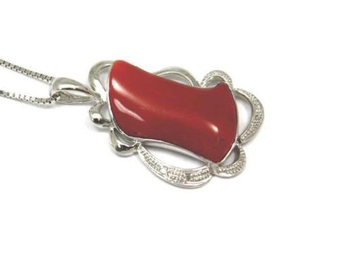 UNIQUE GENUINE NATURAL RED CORAL PENDANT 14K SOLID WHITE GOLD DIAMOND