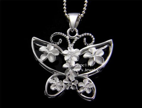 STERLING SILVER 925 HAWAIIAN 7 PLUMERIA FLOWER BUTTERFLY PENDANT CZ