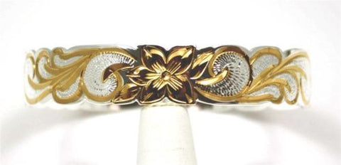 SILVER 925 HAWAIIAN BANGLE BRACELET PLUMERIA FLOWER SCROLL CUT OUT EDGE 10MM 2T