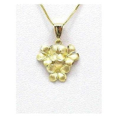 SOLID 14K YELLOW GOLD 9MM HAWAIIAN PLUMERIA FLOWER CLUSTER PENDANT