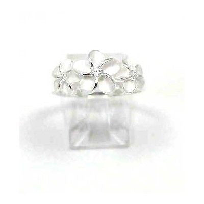 STERLING SILVER 925 HAWAIIAN 3 PLUMERIA FLOWER CLEAR CZ RING