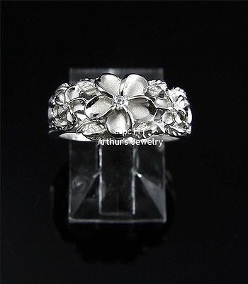 SILVER 925 HAWAIIAN 3 PLUMERIA FLOWER RING MAILE CUT OUT SCROLL RHODIUM SZ 3-10