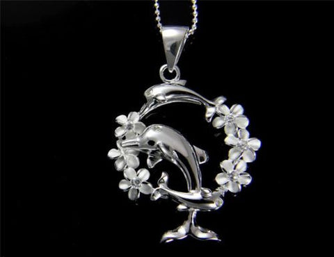 STERLING SILVER 925 HAWAIIAN 6 PLUMERIA FLOWER 3 DOLPHIN PENDANT CZ