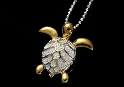YELLOW GOLD PLATED STERLING SILVER 925 HAWAIIAN SEA TURTLE SLIDE PENDANT 19.5MM