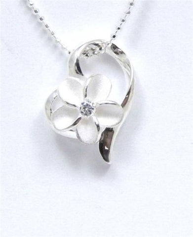 STERLING SILVER 925 HAWAIIAN PLUMERIA FLOWER SHINY FLOATING HEART PENDANT CZ