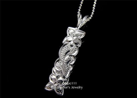 STERLING SILVER 925 HAWAIIAN PLUMERIA FLOWER QUEEN SCROLL VERTICAL PENDANT 8MM