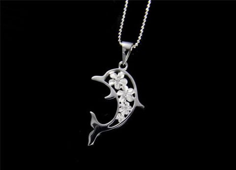 STERLING SILVER 925 HAWAIIAN 4 PLUMERIA FLOWER OUTLINE DOLPHIN PENDANT CZ