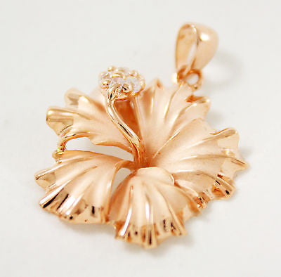 STERLING SILVER 925 HAWAIIAN HIBISCUS FLOWER PENDANT CZ 25MM PINK GOLD PLATED