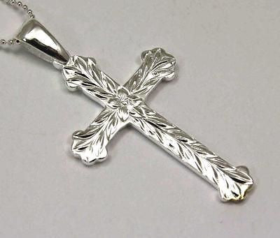 22MM SILVER 925 HAWAIIAN PLUMERIA MAILE LEAVES CROSS PENDANT