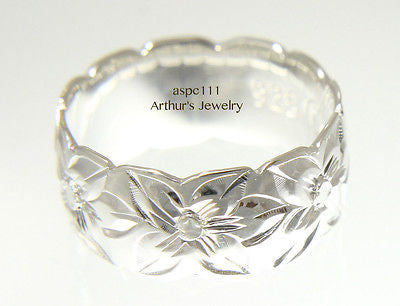 STERLING SILVER 925 HAWAIIAN PLUMERIA FLOWER ALL AROUND 8MM BAND RING