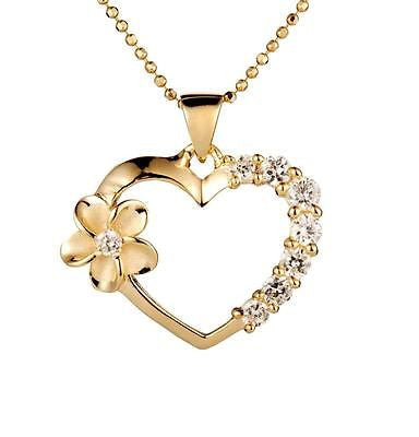 YELLOW GOLD PLATED SILVER 925 HAWAIIAN PLUMERIA FLOWER HEART CZ PENDANT