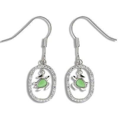 SILVER 925 GREEN TURQUOISE HAWAIIAN TURTLE CZ EARRINGS WIRE HOOK RHODIUM