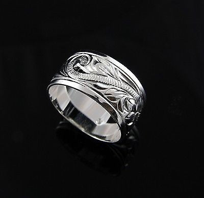 925 STERLING SILVER HAWAIIAN PLUMERIA SCROLL ENGRAVED 12MM SMOOTH EDGE BAND RING